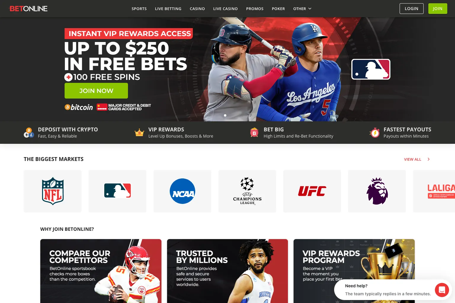 Screenshot of the BetOnline homepage, September 2026.
